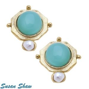Susan Shaw Gold Aqua Clip Earrings